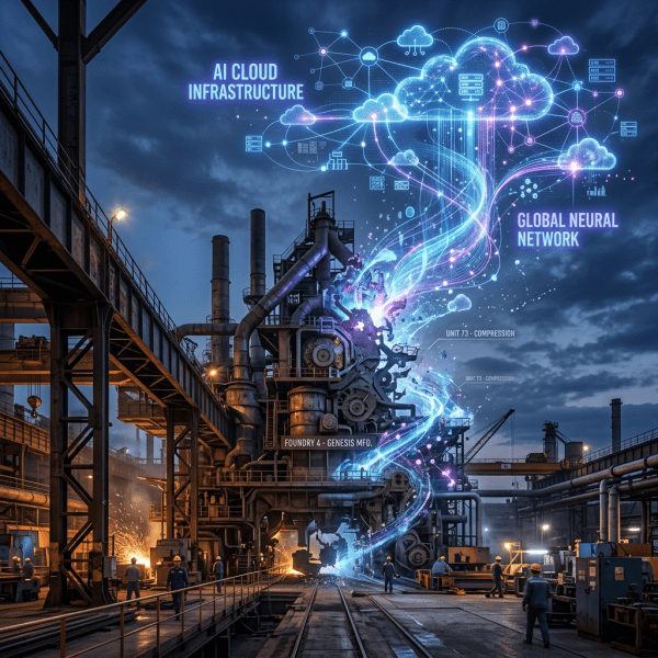 Industrial plant with workers and a digital representation of AI cloud infrastructure connecting to a global neural network